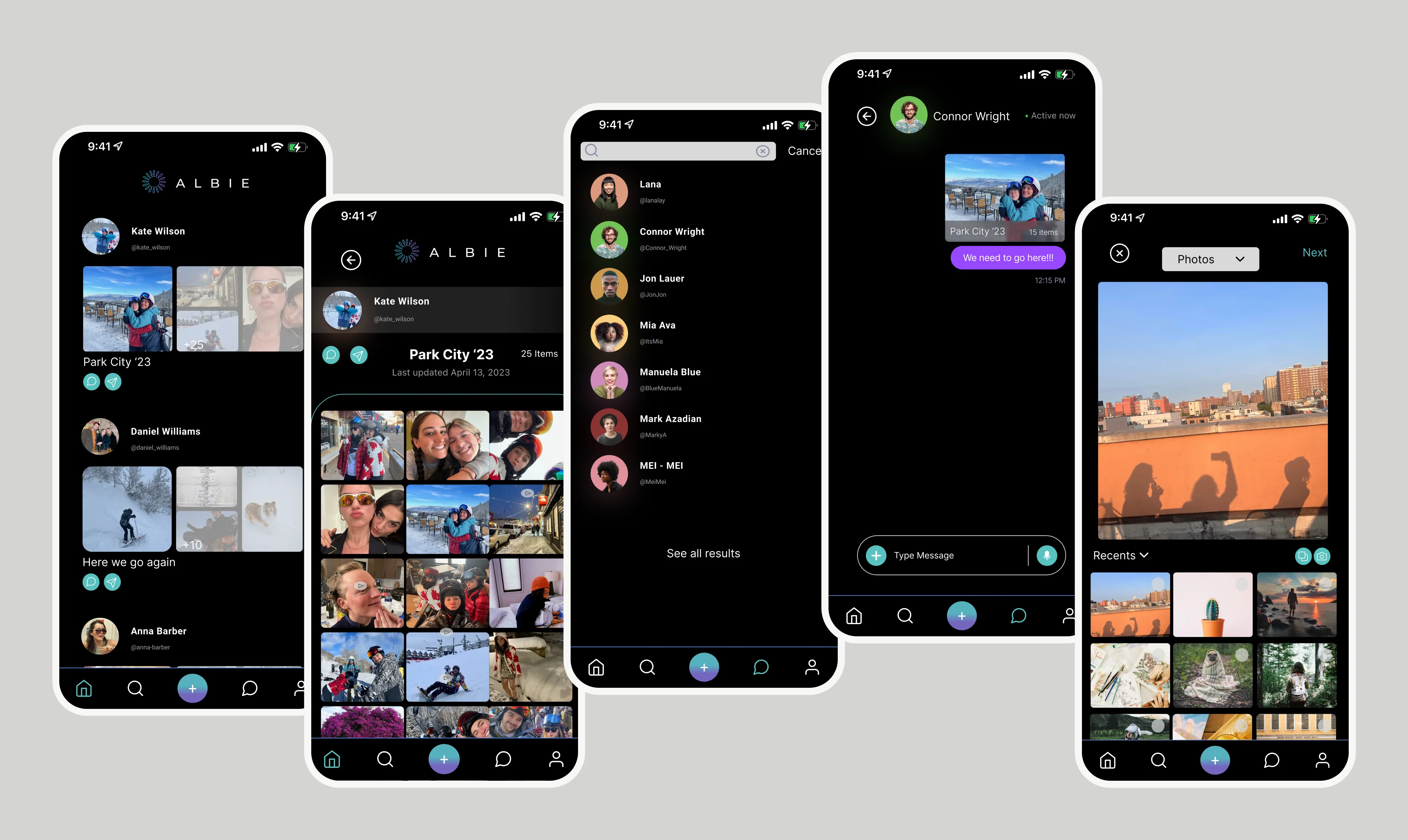 Original Albie screens showing feed, album detail, people search, messages and photo upload