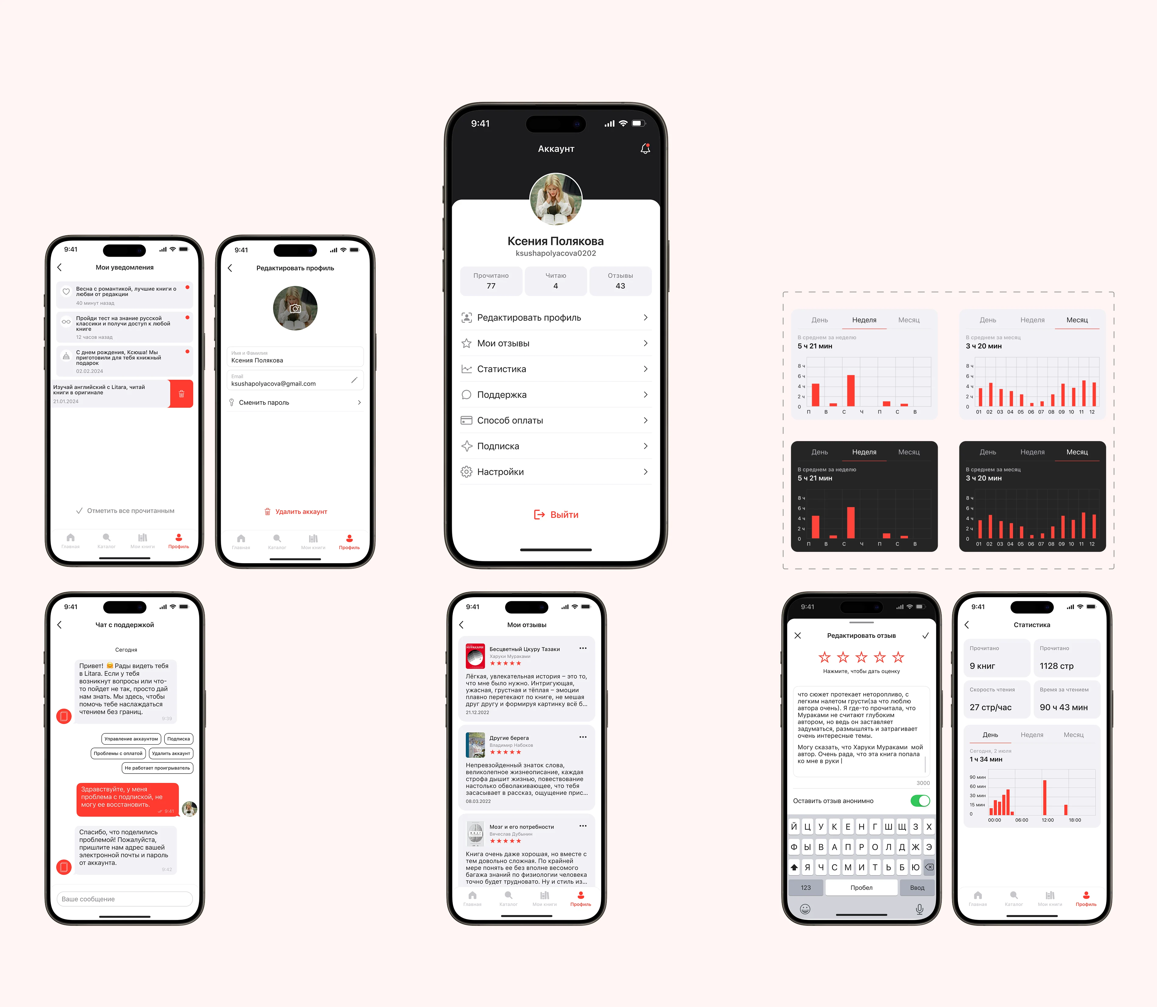 Litara profile, reviews, support and reading statistics screens